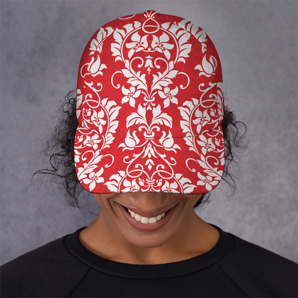 Red And White Damask Pattern Print Baseball Cap