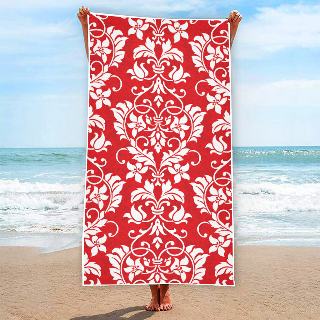 Red And White Damask Pattern Print Beach Towel
