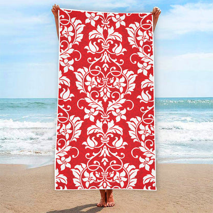 Red And White Damask Pattern Print Beach Towel