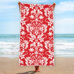 Red And White Damask Pattern Print Beach Towel