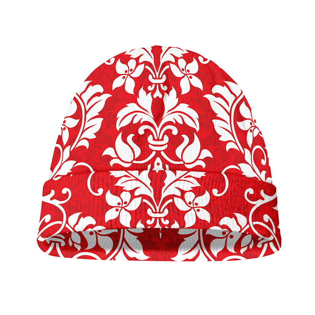 Red And White Damask Pattern Print Beanie