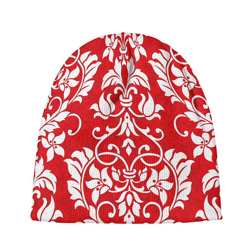Red And White Damask Pattern Print Beanie