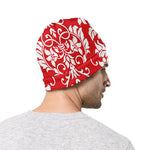 Red And White Damask Pattern Print Beanie