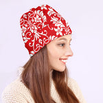 Red And White Damask Pattern Print Beanie