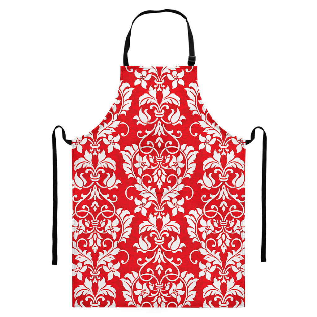 Red And White Damask Pattern Print Bib Apron With Pocket