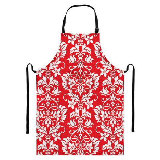 Red And White Damask Pattern Print Bib Apron With Pocket