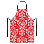 Red And White Damask Pattern Print Bib Apron With Pocket