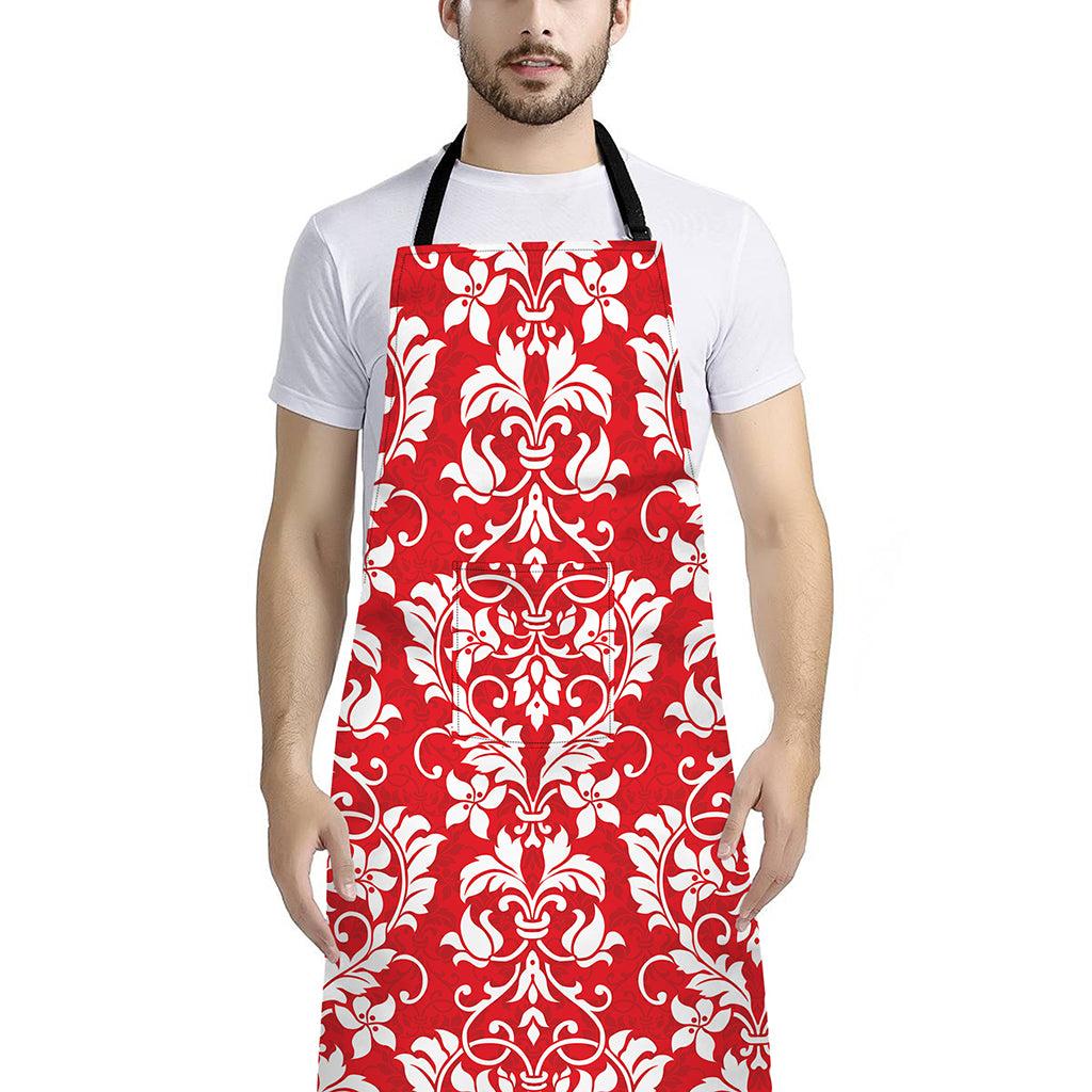 Red And White Damask Pattern Print Bib Apron With Pocket