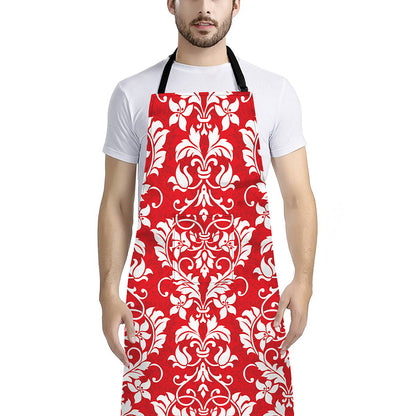 Red And White Damask Pattern Print Bib Apron With Pocket