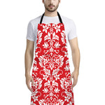 Red And White Damask Pattern Print Bib Apron With Pocket