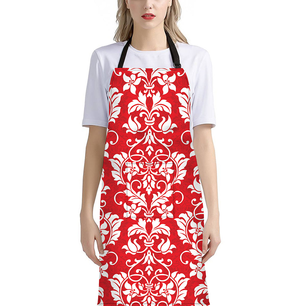 Red And White Damask Pattern Print Bib Apron With Pocket