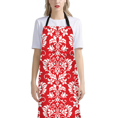 Red And White Damask Pattern Print Bib Apron With Pocket