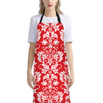 Red And White Damask Pattern Print Bib Apron With Pocket