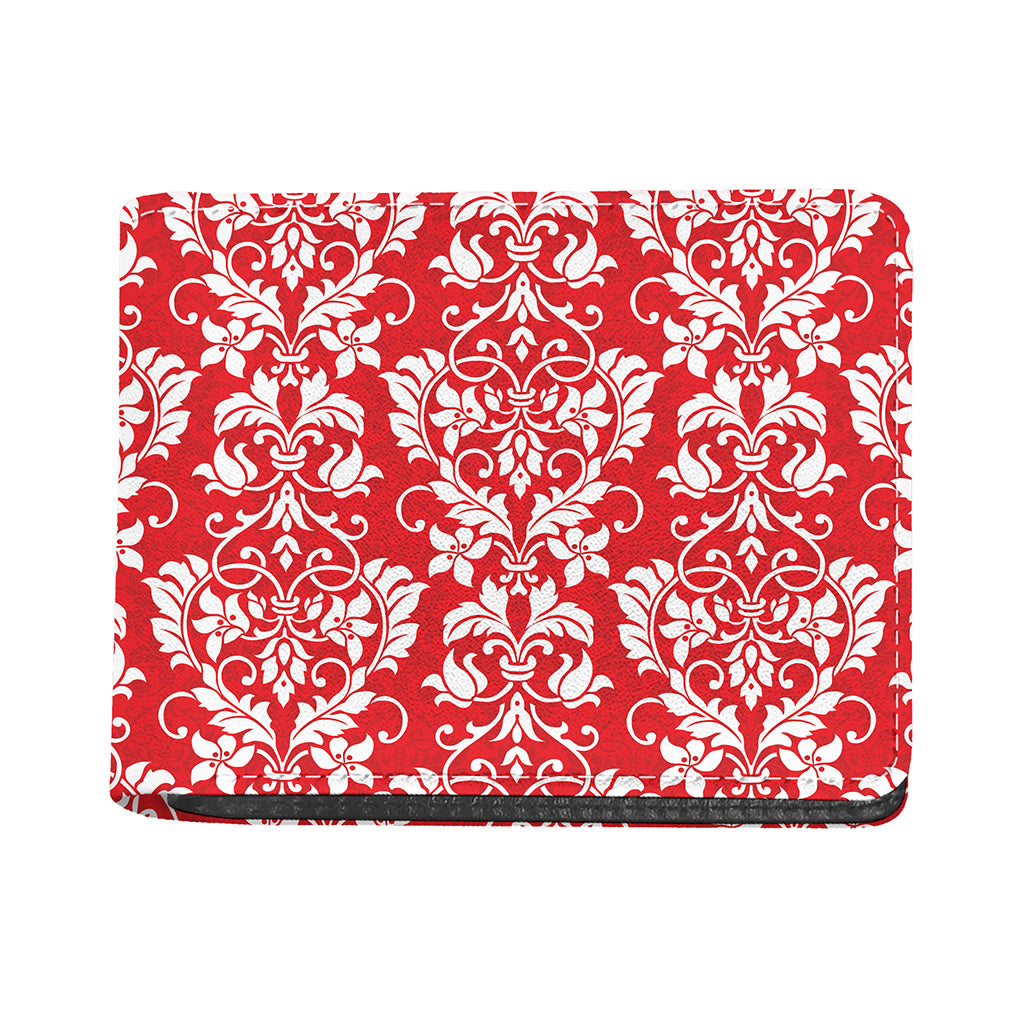 Red And White Damask Pattern Print Bifold Wallet