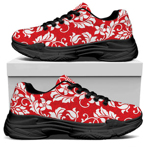 Red And White Damask Pattern Print Black Chunky Shoes