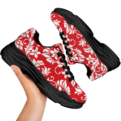 Red And White Damask Pattern Print Black Chunky Shoes