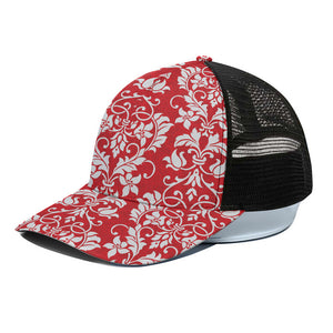 Red And White Damask Pattern Print Black Mesh Trucker Cap