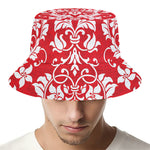 Red And White Damask Pattern Print Bucket Hat