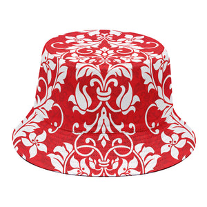 Red And White Damask Pattern Print Bucket Hat