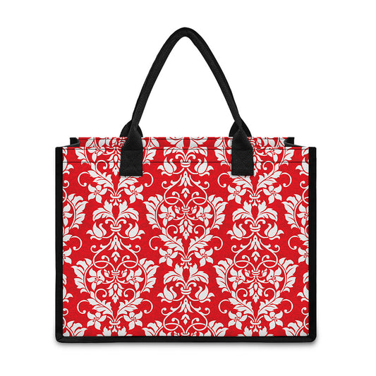 Red And White Damask Pattern Print Canvas Tote Bag