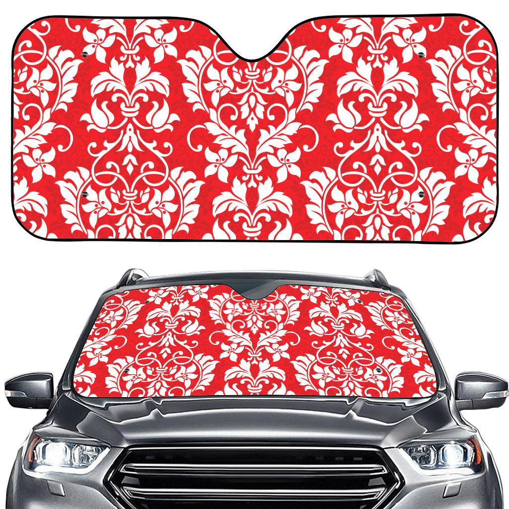 Red And White Damask Pattern Print Car Windshield Sun Shade