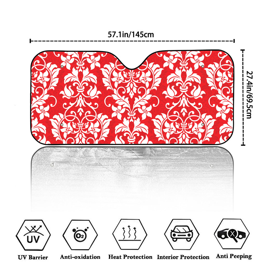 Red And White Damask Pattern Print Car Windshield Sun Shade