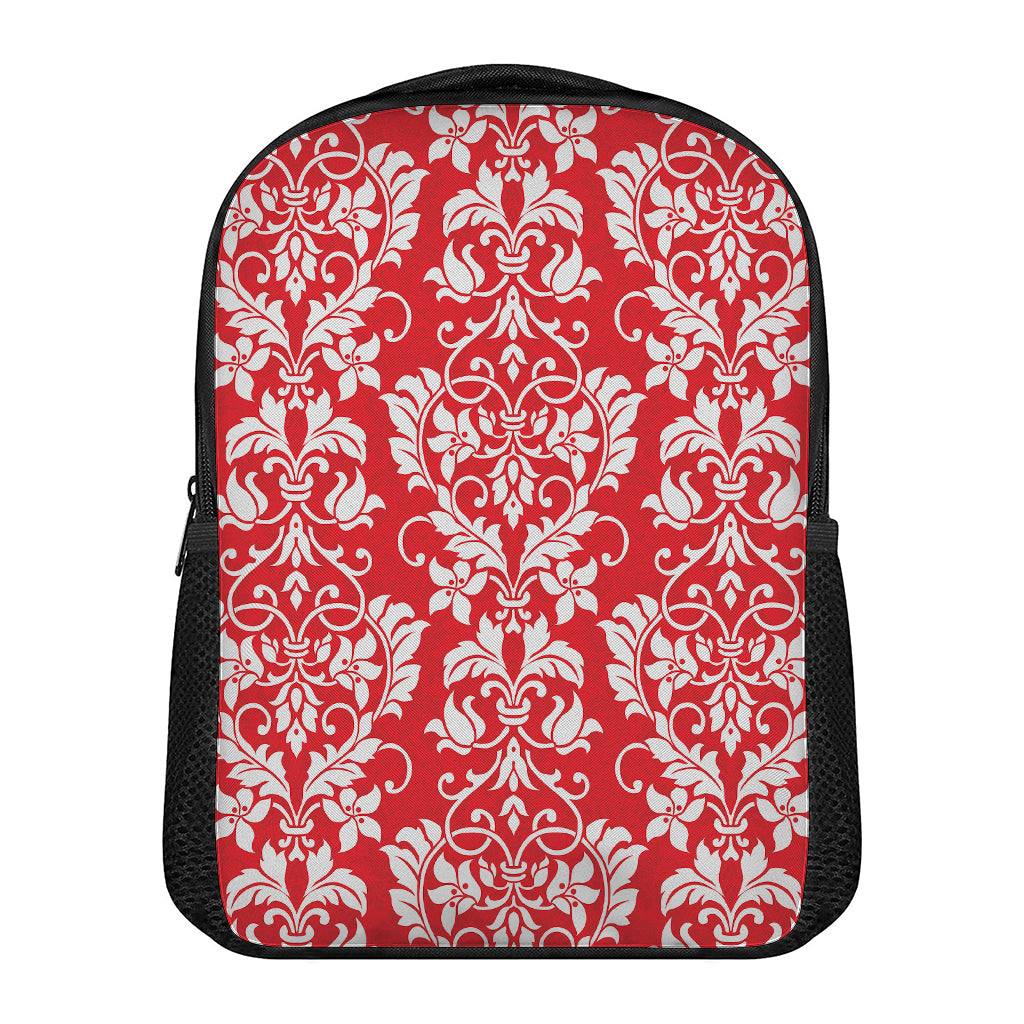 Red And White Damask Pattern Print Casual Backpack