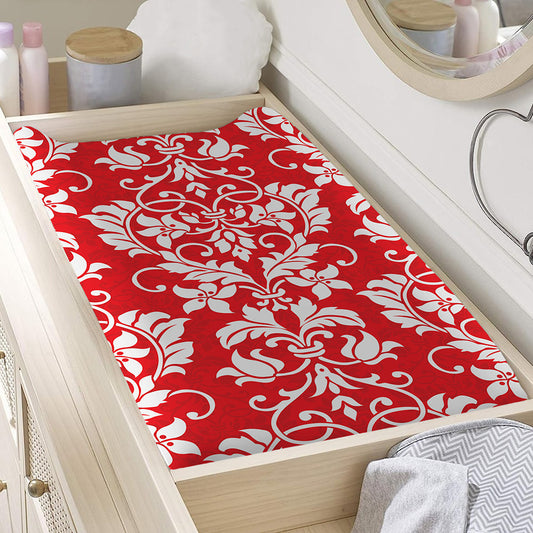 Red And White Damask Pattern Print Changing Pad Cover