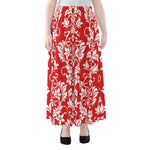 Red And White Damask Pattern Print Chiffon Maxi Skirt