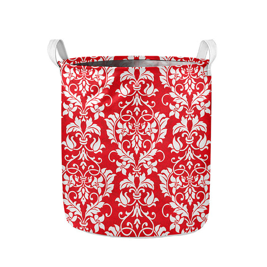 Red And White Damask Pattern Print Collapsible Laundry Basket
