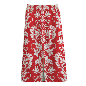 Red And White Damask Pattern Print Cotton Front Slit Maxi Skirt