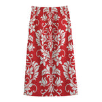 Red And White Damask Pattern Print Cotton Front Slit Maxi Skirt