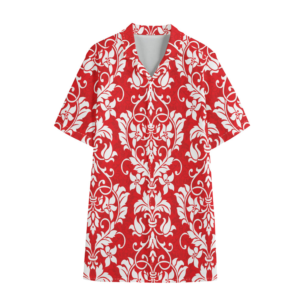 Red And White Damask Pattern Print Cotton Hawaiian Shirt