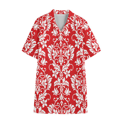 Red And White Damask Pattern Print Cotton Hawaiian Shirt