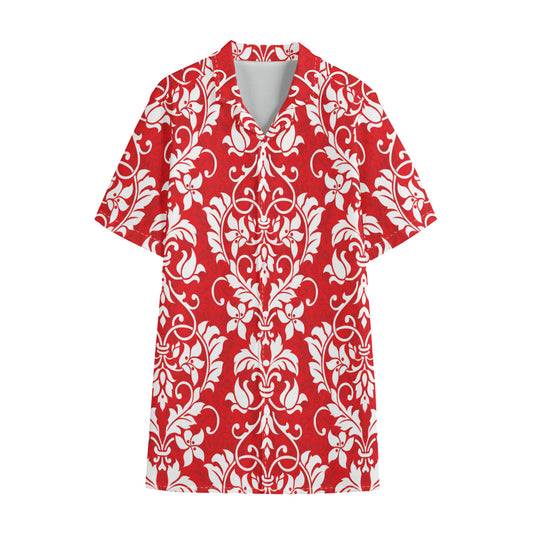 Red And White Damask Pattern Print Cotton Hawaiian Shirt