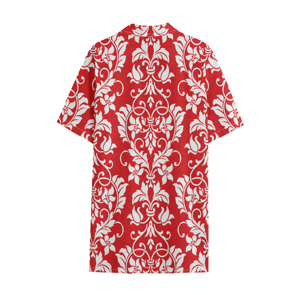 Red And White Damask Pattern Print Cotton Hawaiian Shirt