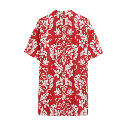 Red And White Damask Pattern Print Cotton Hawaiian Shirt