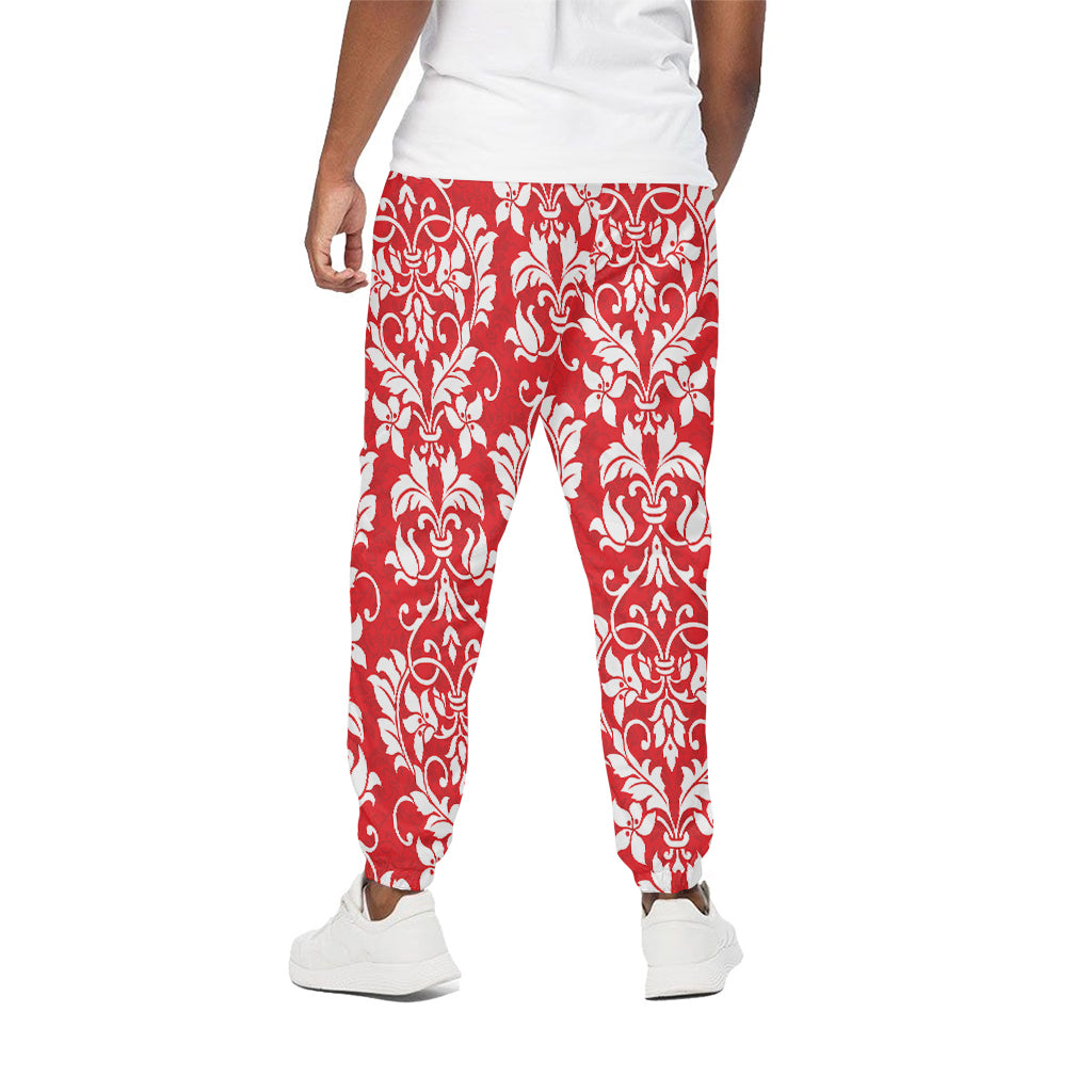 Red And White Damask Pattern Print Cotton Pants