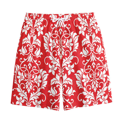 Red And White Damask Pattern Print Cotton Shorts