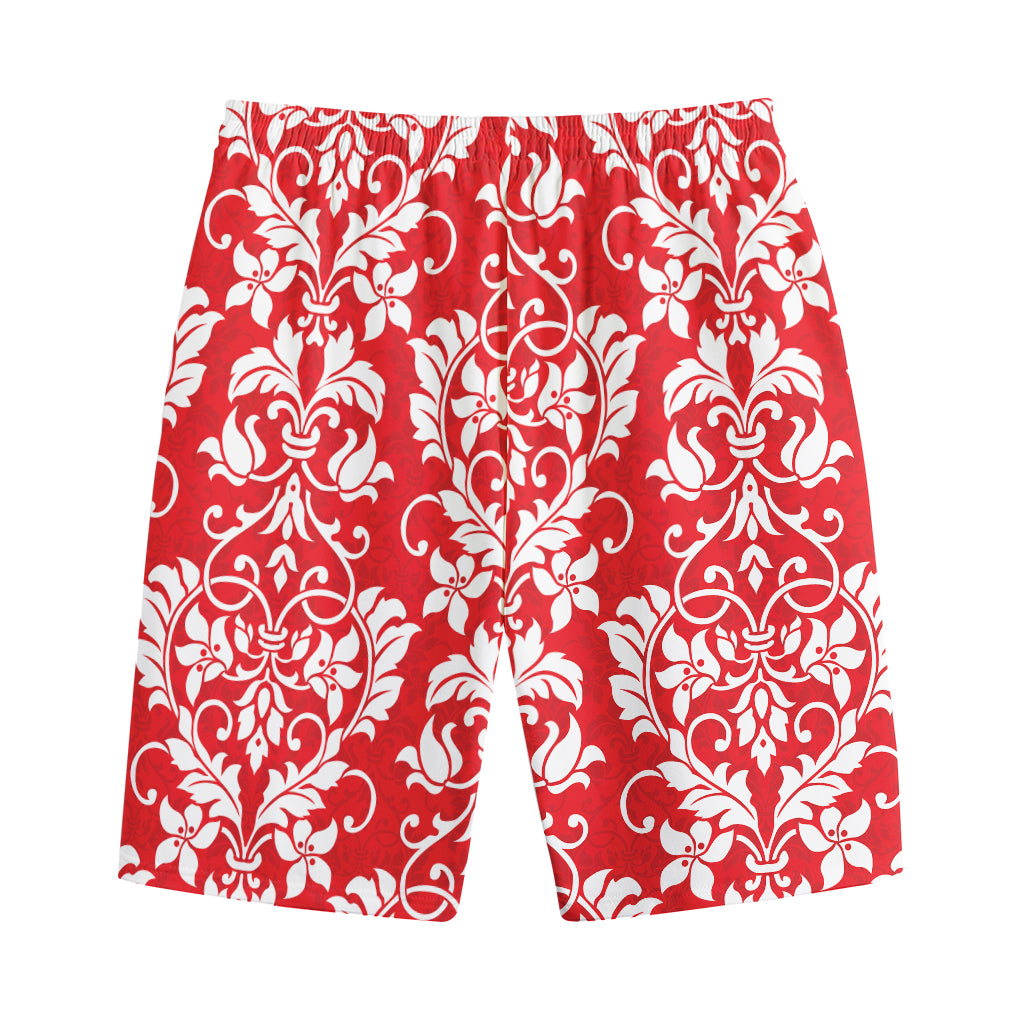 Red And White Damask Pattern Print Cotton Shorts