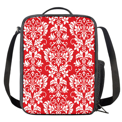 Red And White Damask Pattern Print Crossbody Lunch Bag