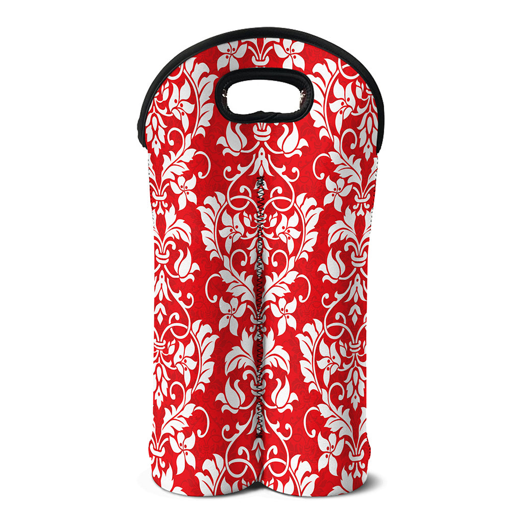 Red And White Damask Pattern Print Double Neoprene Wine Tote