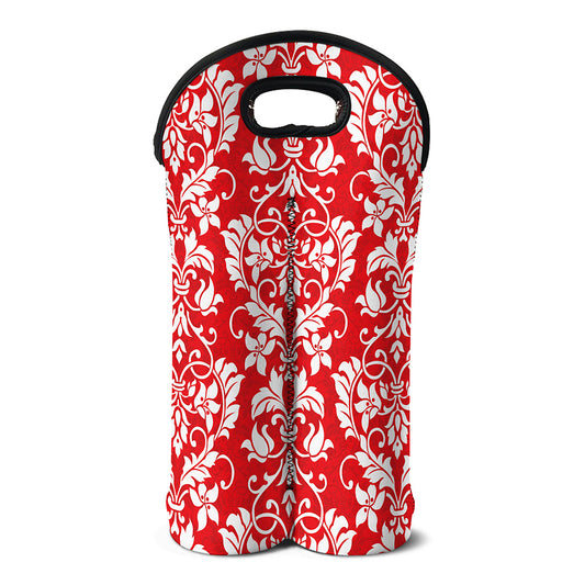 Red And White Damask Pattern Print Double Neoprene Wine Tote