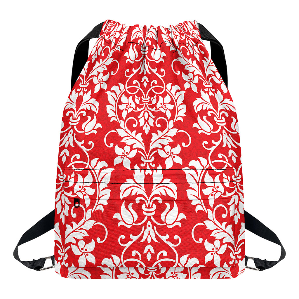 Red And White Damask Pattern Print Drawstring Backpack