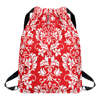 Red And White Damask Pattern Print Drawstring Backpack