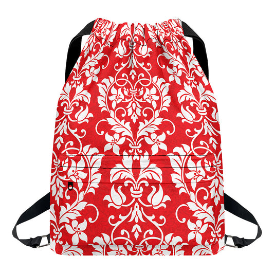 Red And White Damask Pattern Print Drawstring Backpack