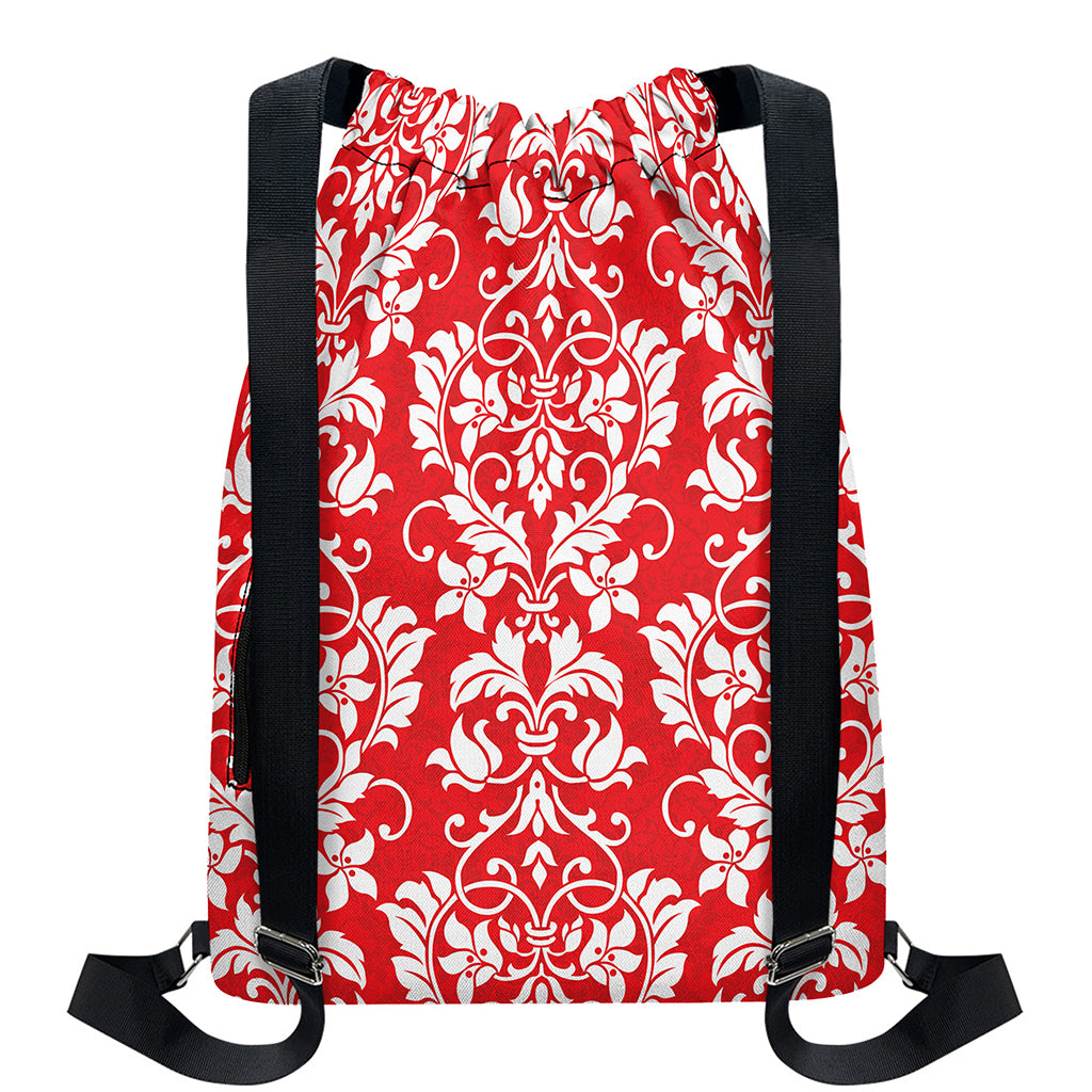 Red And White Damask Pattern Print Drawstring Backpack