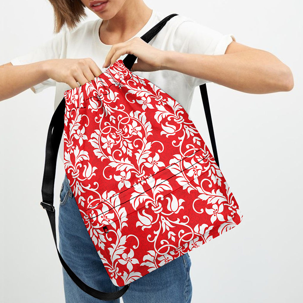 Red And White Damask Pattern Print Drawstring Backpack