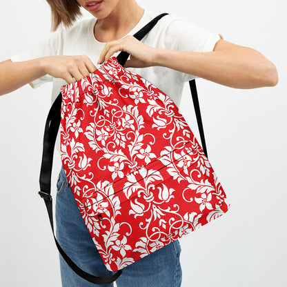 Red And White Damask Pattern Print Drawstring Backpack