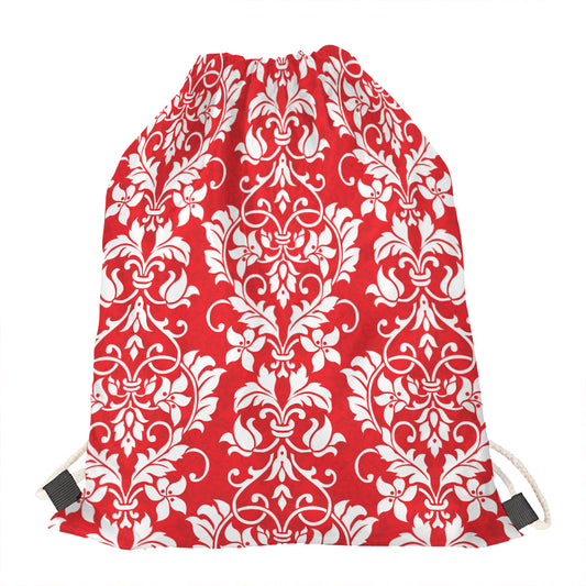 Red And White Damask Pattern Print Drawstring Bag